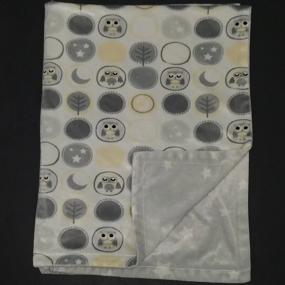 RN 119741 Owl Tree Stars Moon Fleece Baby Blanket Lovey Gray Yellow White SOFT